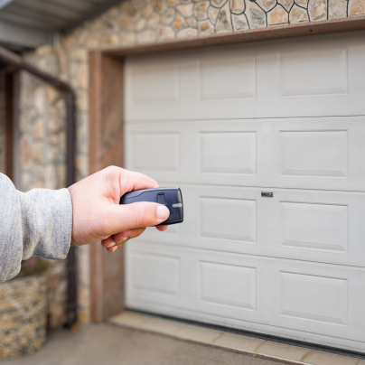 Camden security key fob pointing to a garage door