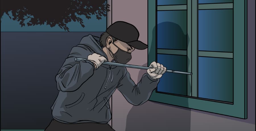 Illustration of burglar forcing entry through a window in Camden